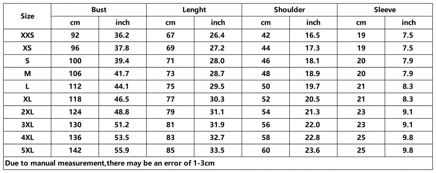 Measurement chart for clothing sizes with dimensions in centimeters and inches.