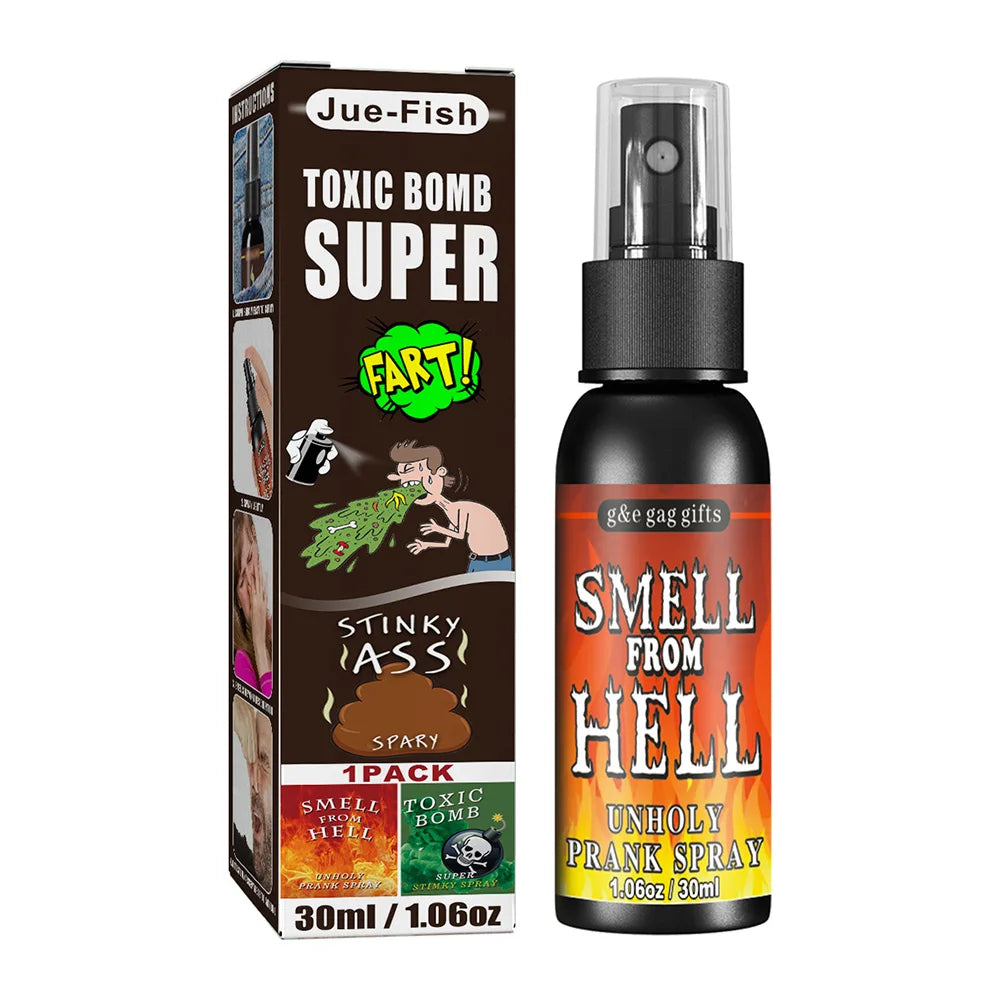 Spray bottle and packaging of 'Smell from Hell' prank spray with humorous text.
