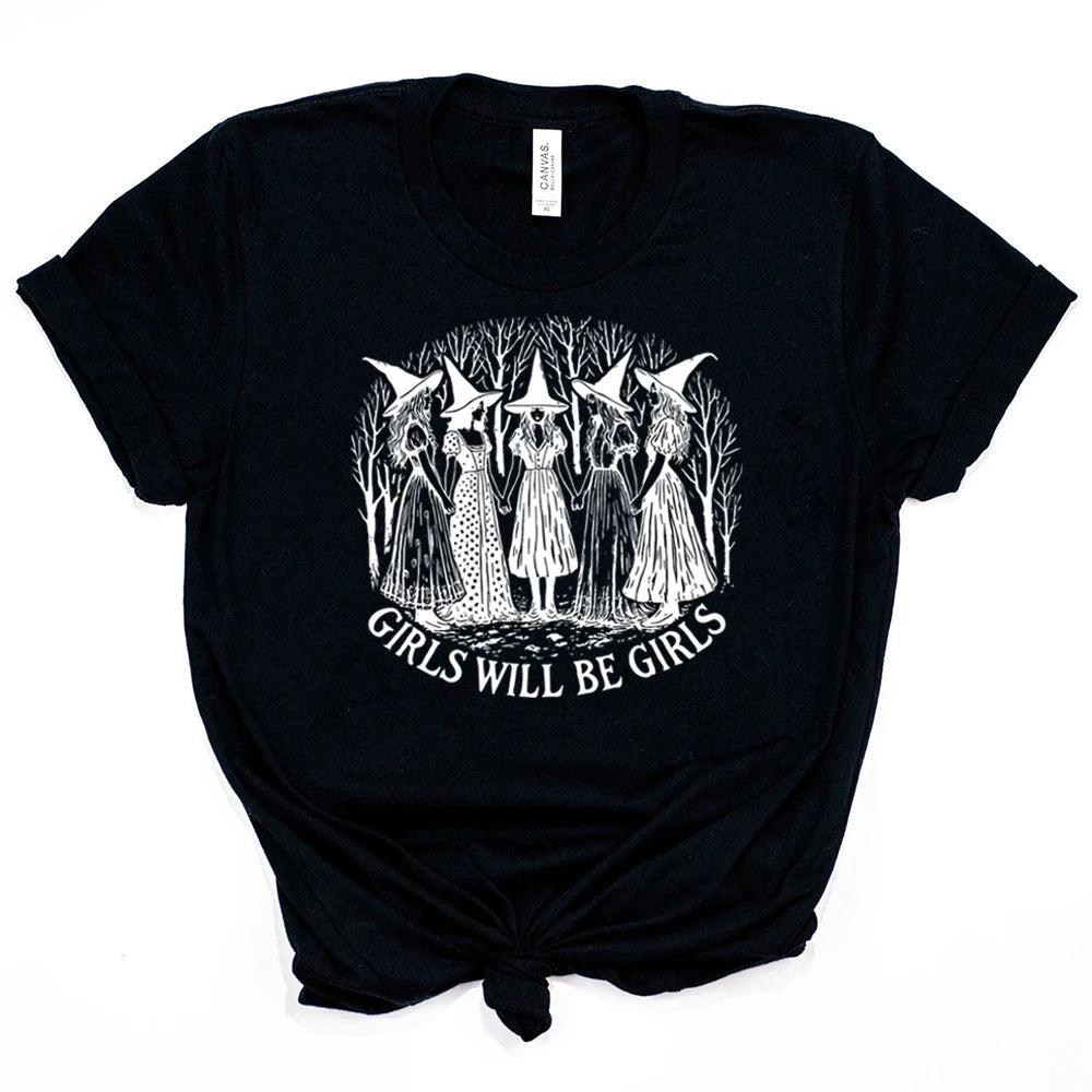 Black t-shirt with graphic design and text 'Girls Will Be Girls' on a white background