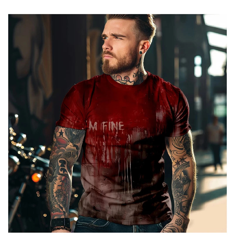 Man wearing a red t-shirt with 'I'm fine' printed on it, standing in an urban setting.