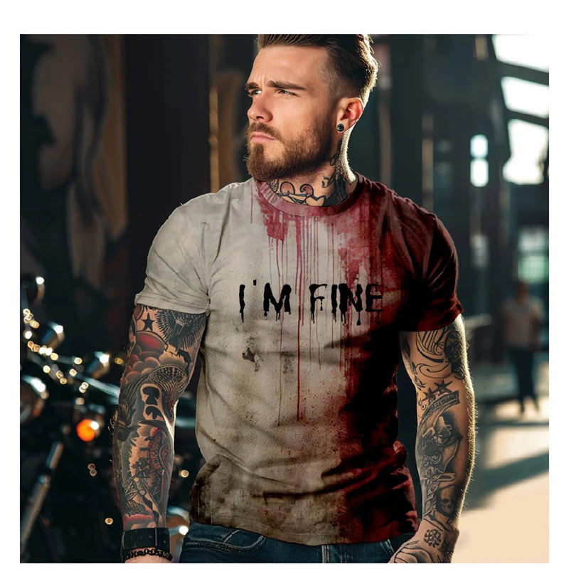 Man wearing a t-shirt with 'I'm Fine' graphic design in an urban setting