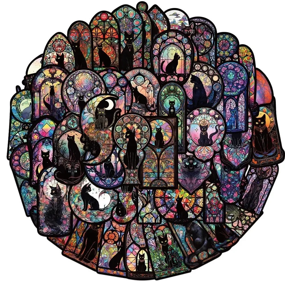 Stack of colorful cat-themed stickers with a stained glass design on a white background