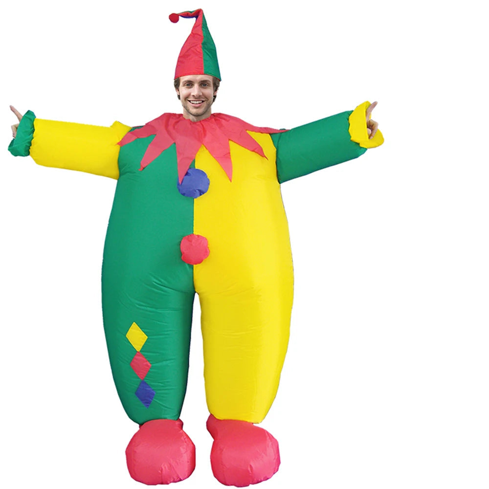 Inflatable clown costume with text indicating adult size range on a white background
