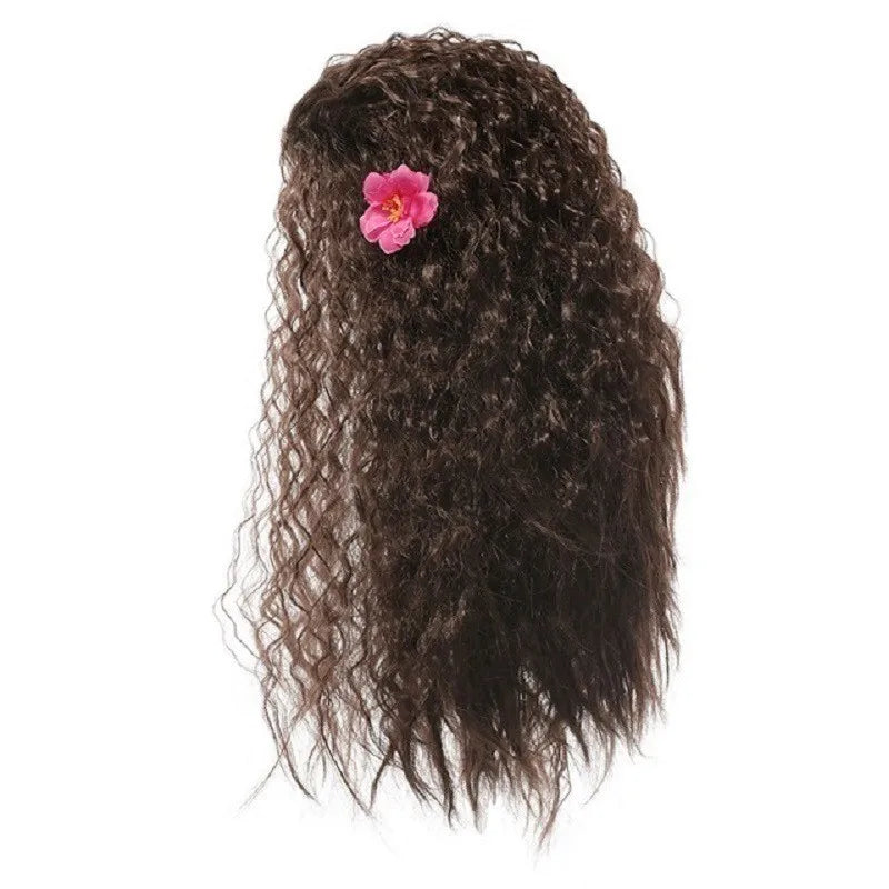 Brown hairpiece with a pink flower on a white background