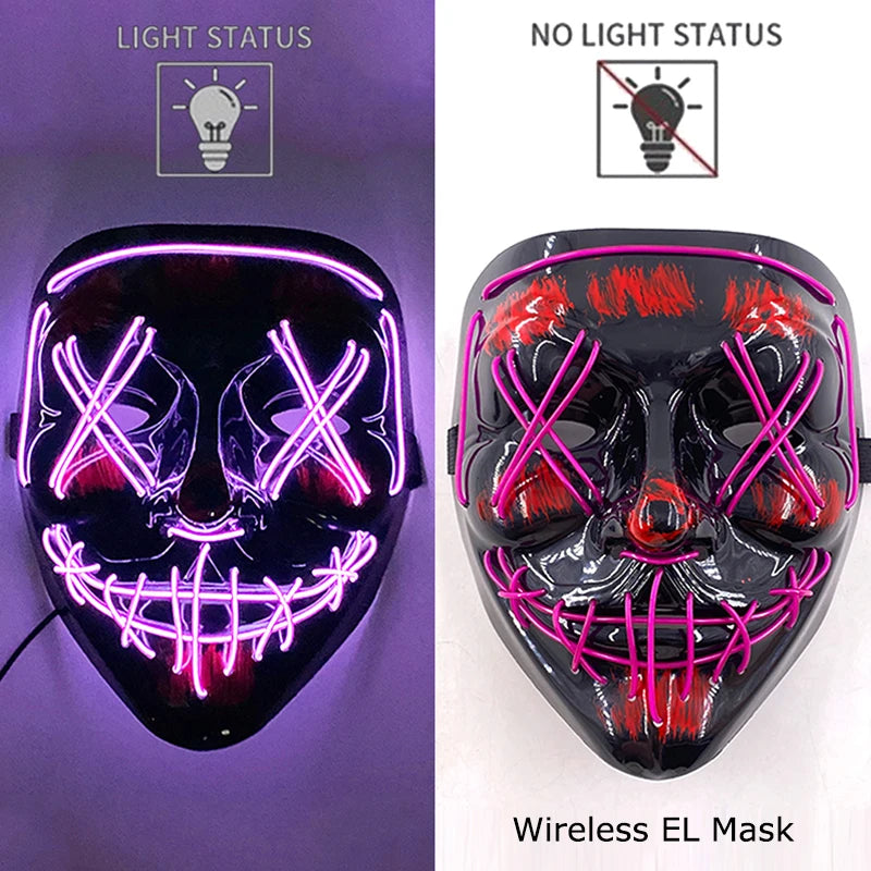 Wireless EL mask with light status indicators on a purple and white background.