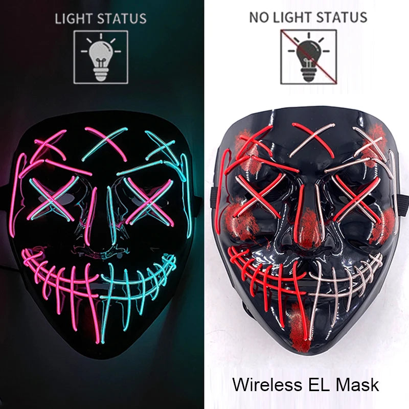 Wireless EL mask with light status indicators on a black and white background