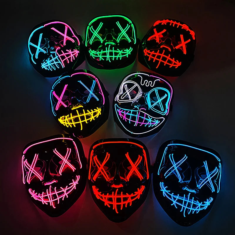 Set of LED masks glowing in various colors on a dark background