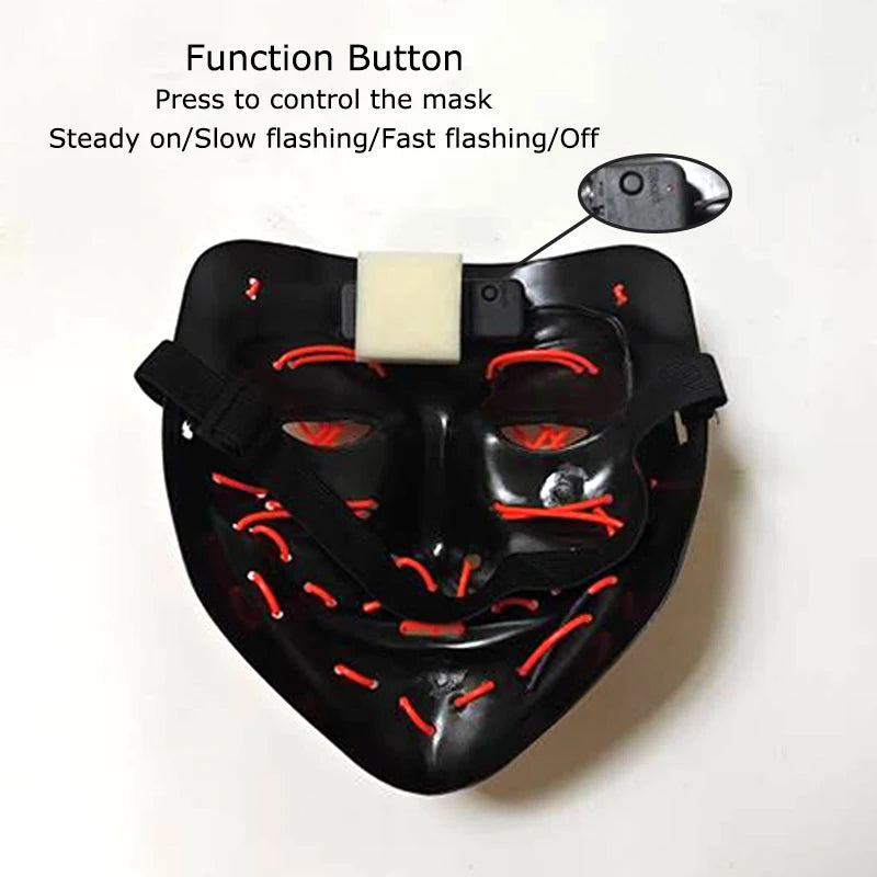 Black LED mask with red lights and control button on a white background