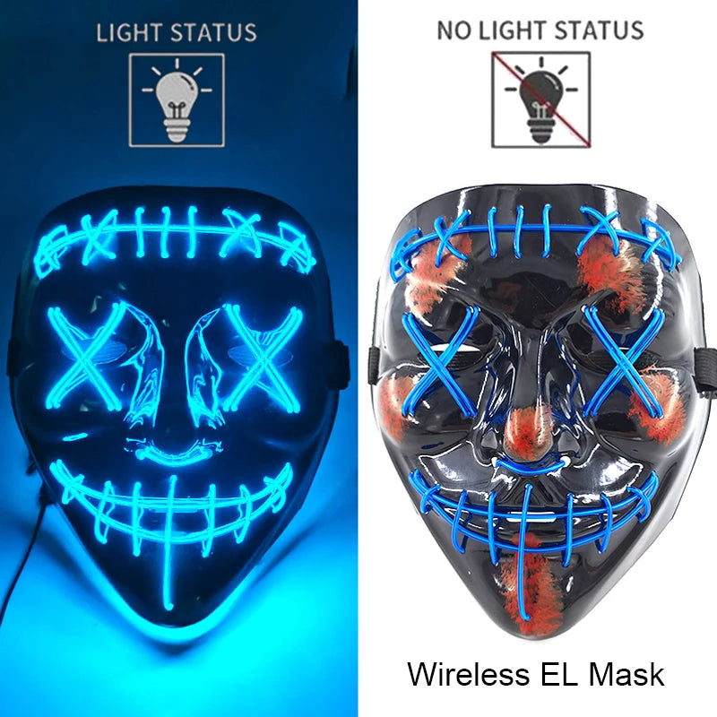 Wireless EL mask with light status indicators on a blue and white background