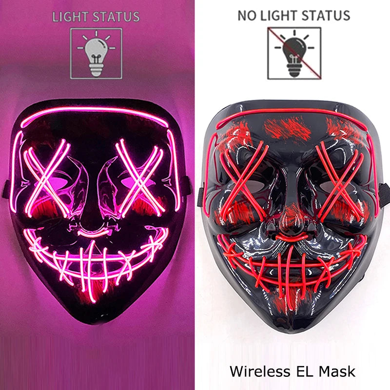 Wireless EL mask with light status indicators on a purple and white background.