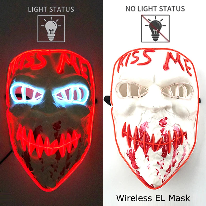 Wireless EL mask with light-up feature on a dark background