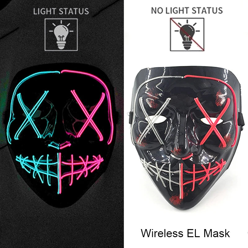 Wireless EL mask with light status indicators on a black and white background