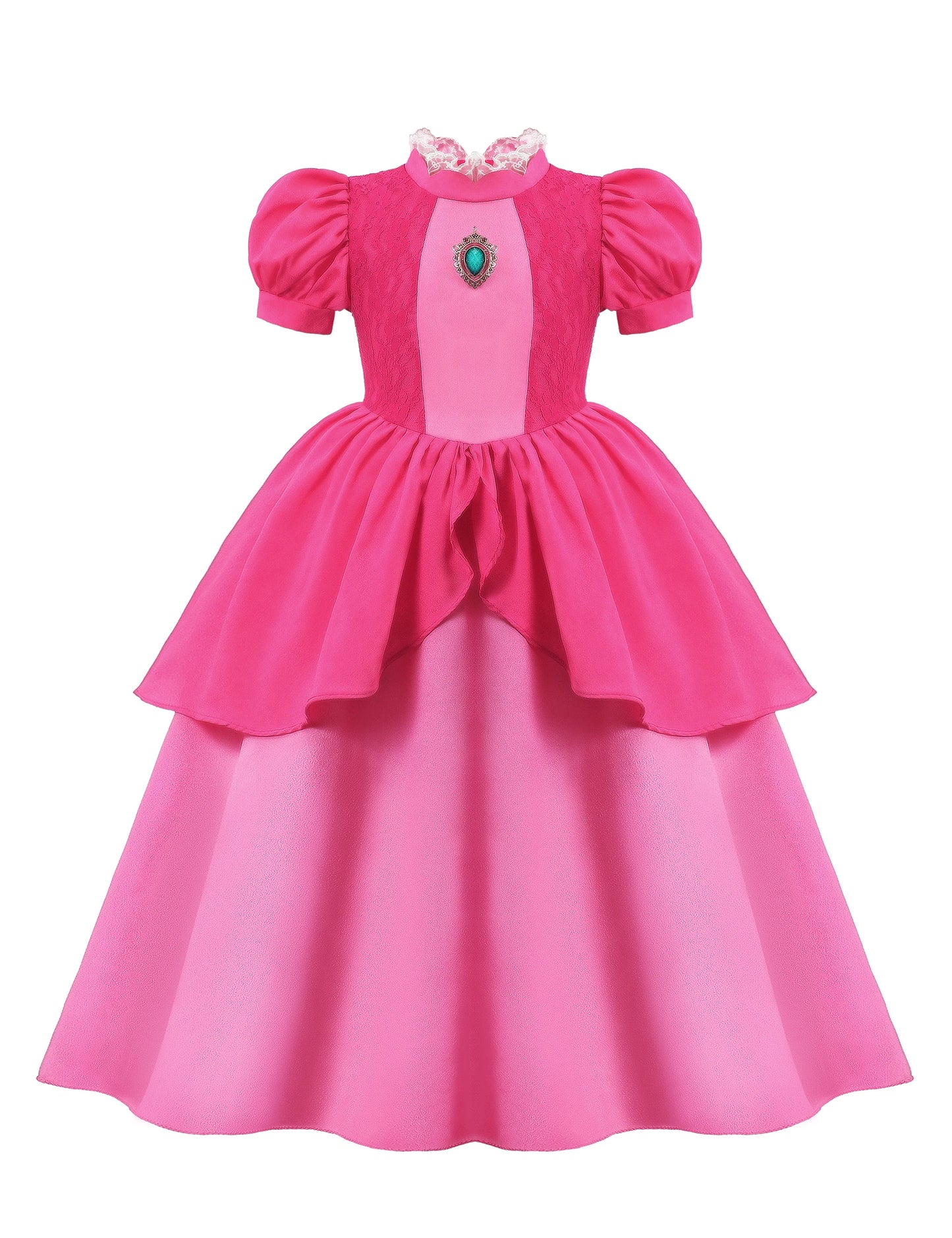 Pink dress with a green gem on a white background