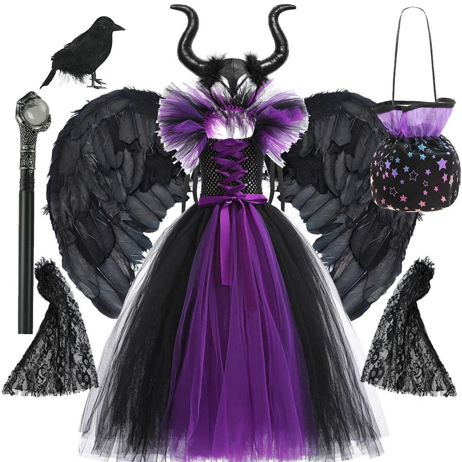 Maleficent costume set with dress, wings, and accessories on a white background