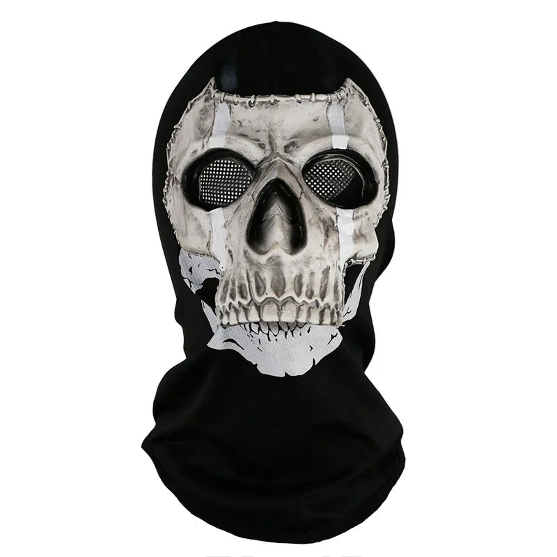 Skull mask with black mesh eyes on a white background