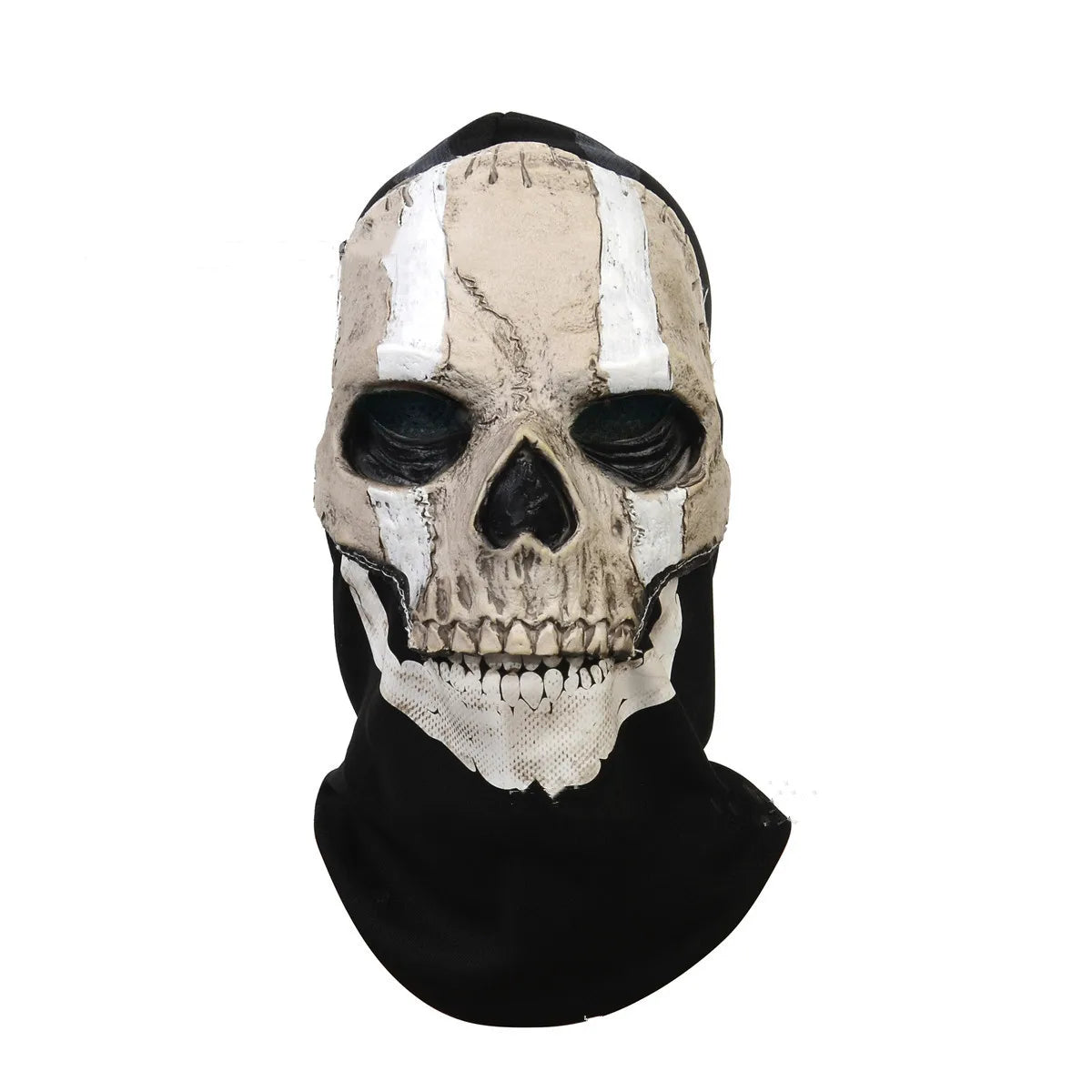 Skull-themed mask with black hood on a white background
