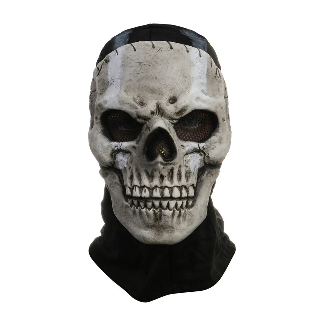 Skull mask with black band on a white background