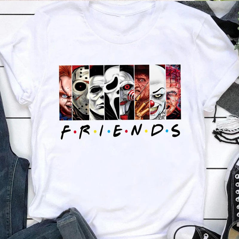 White t-shirt with horror character faces and 'FRIENDS' text on a white background