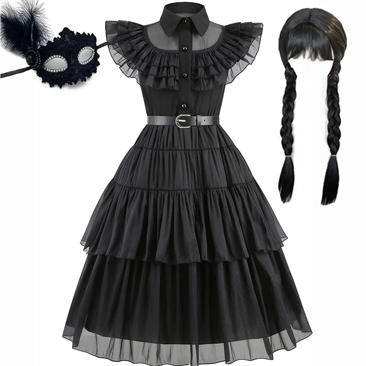 Black dress with ruffled collar, belt, and two braided wigs on a white background