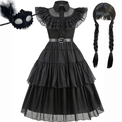 Black dress with ruffled collar, belt, and two braided wigs on a white background