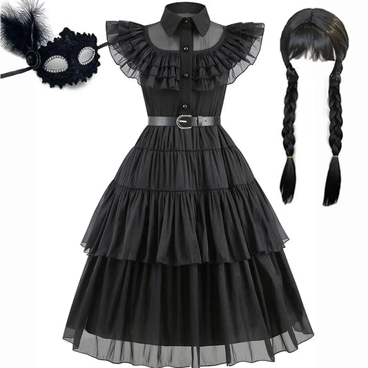Black dress with ruffled collar, belt, and two braided wigs on a white background