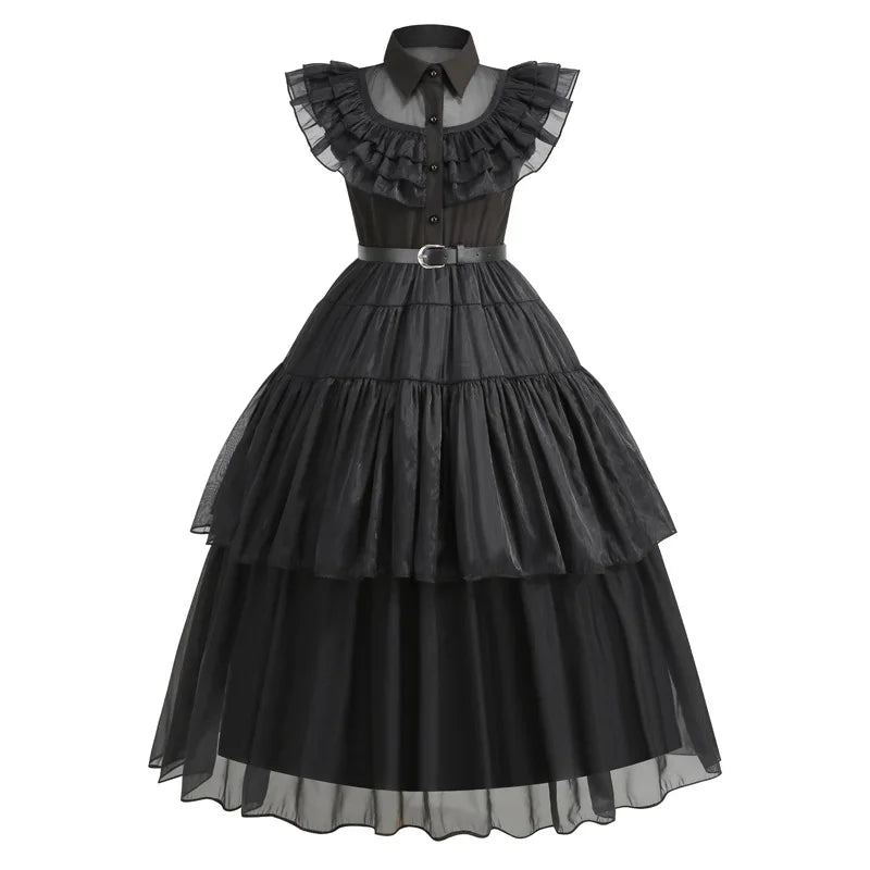 Black ruffled dress with a white collar on a white background