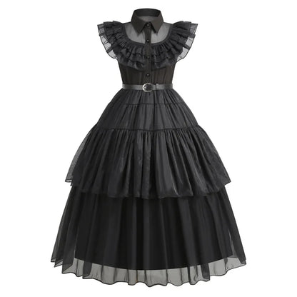 Black ruffled dress with a white collar on a white background