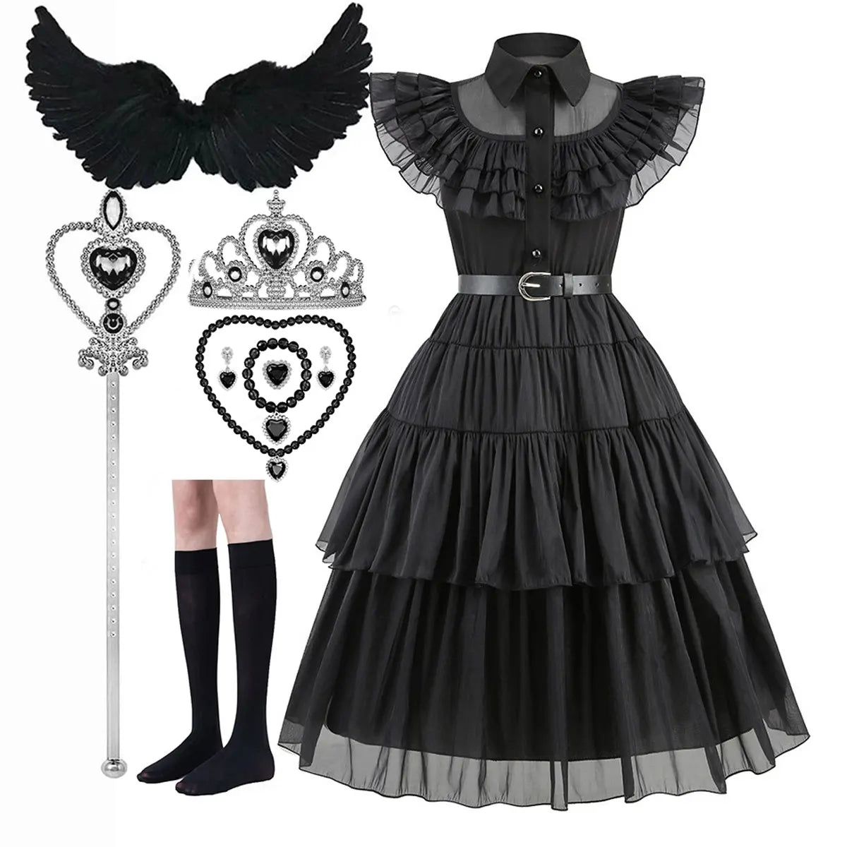 Black gothic dress with accessories on a white background