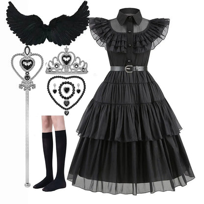 Black gothic dress with accessories on a white background