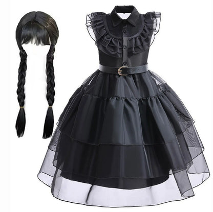 Black gothic dress with ruffled collar and layered skirt, accompanied by a black wig with braids on a white background.