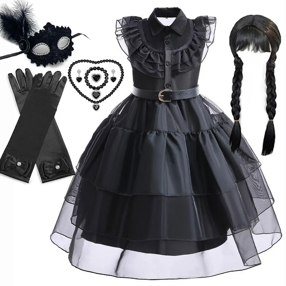 Black gothic dress with accessories including a mask, gloves, and necklace on a white background.