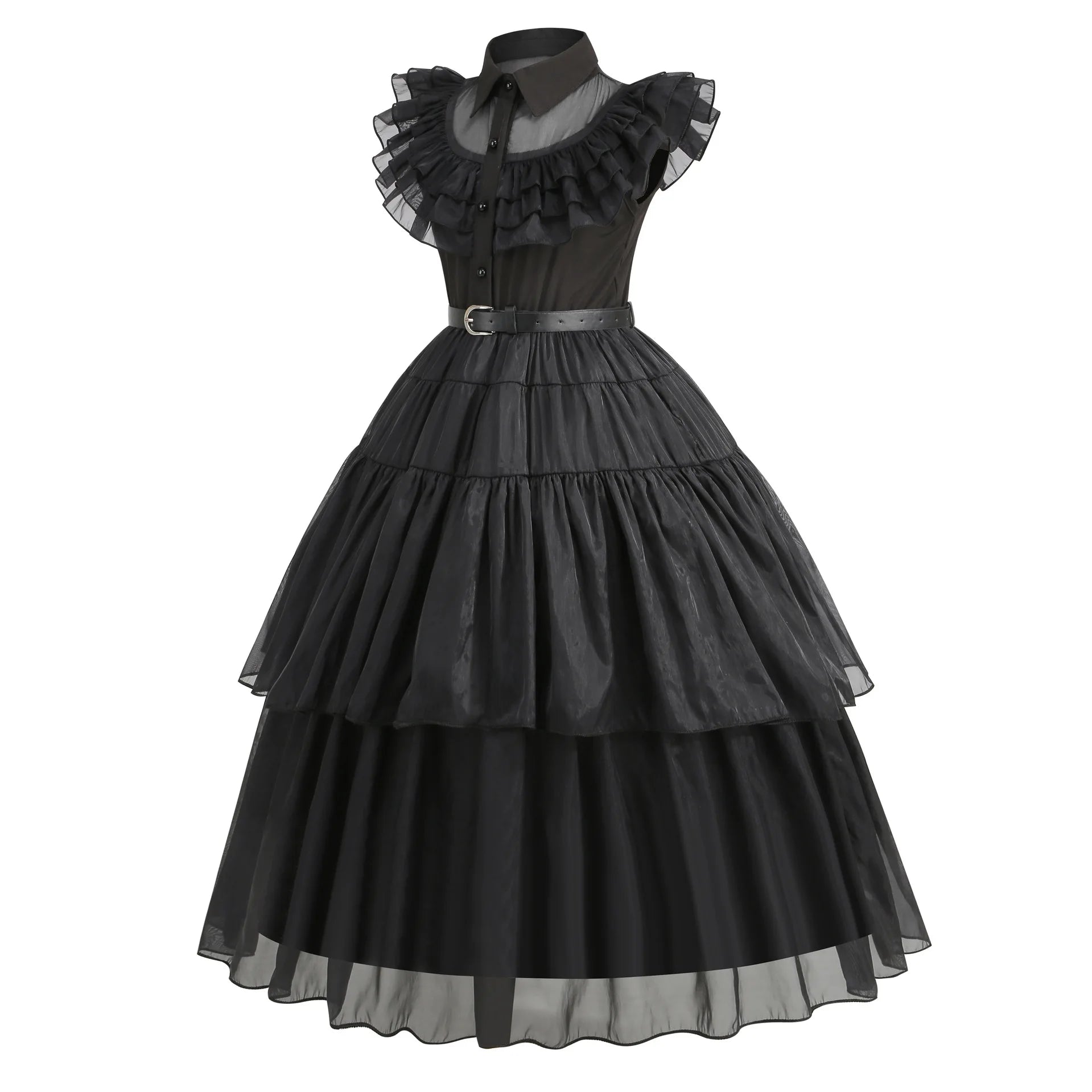 Black ruffled dress on a white background