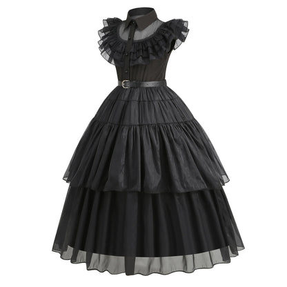 Black ruffled dress on a white background