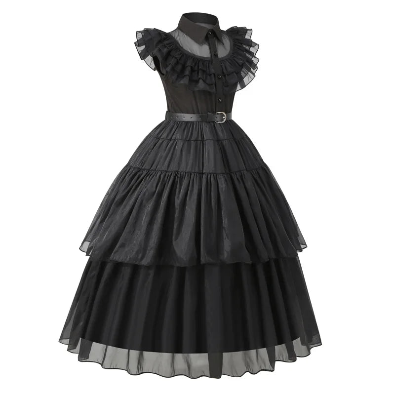 Black tiered dress with ruffled collar on a white background