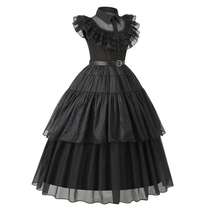 Black tiered dress with ruffled collar on a white background