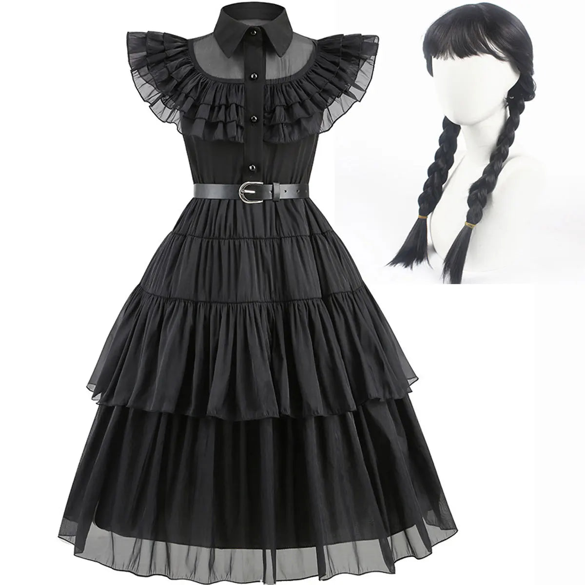 Black dress with ruffled collar and sheer layers, paired with a black wig on a mannequin head.