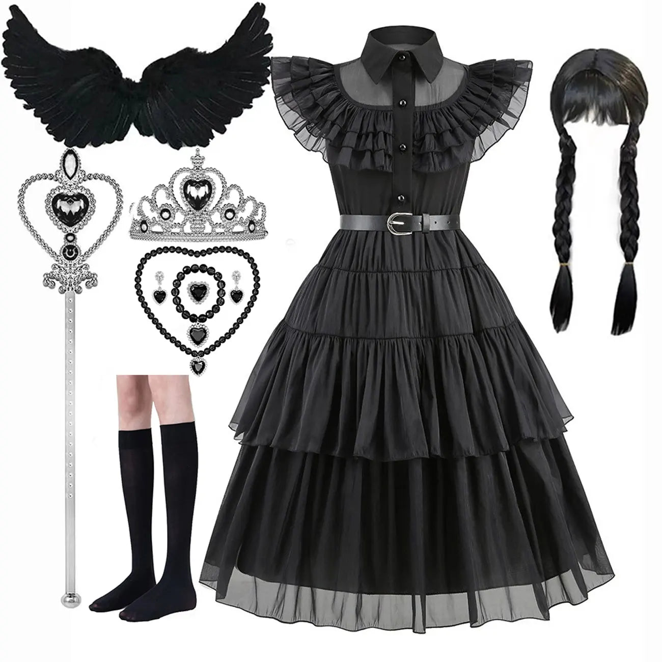 Black gothic dress with accessories including a tiara, heart-shaped key, and black wings on a white background.
