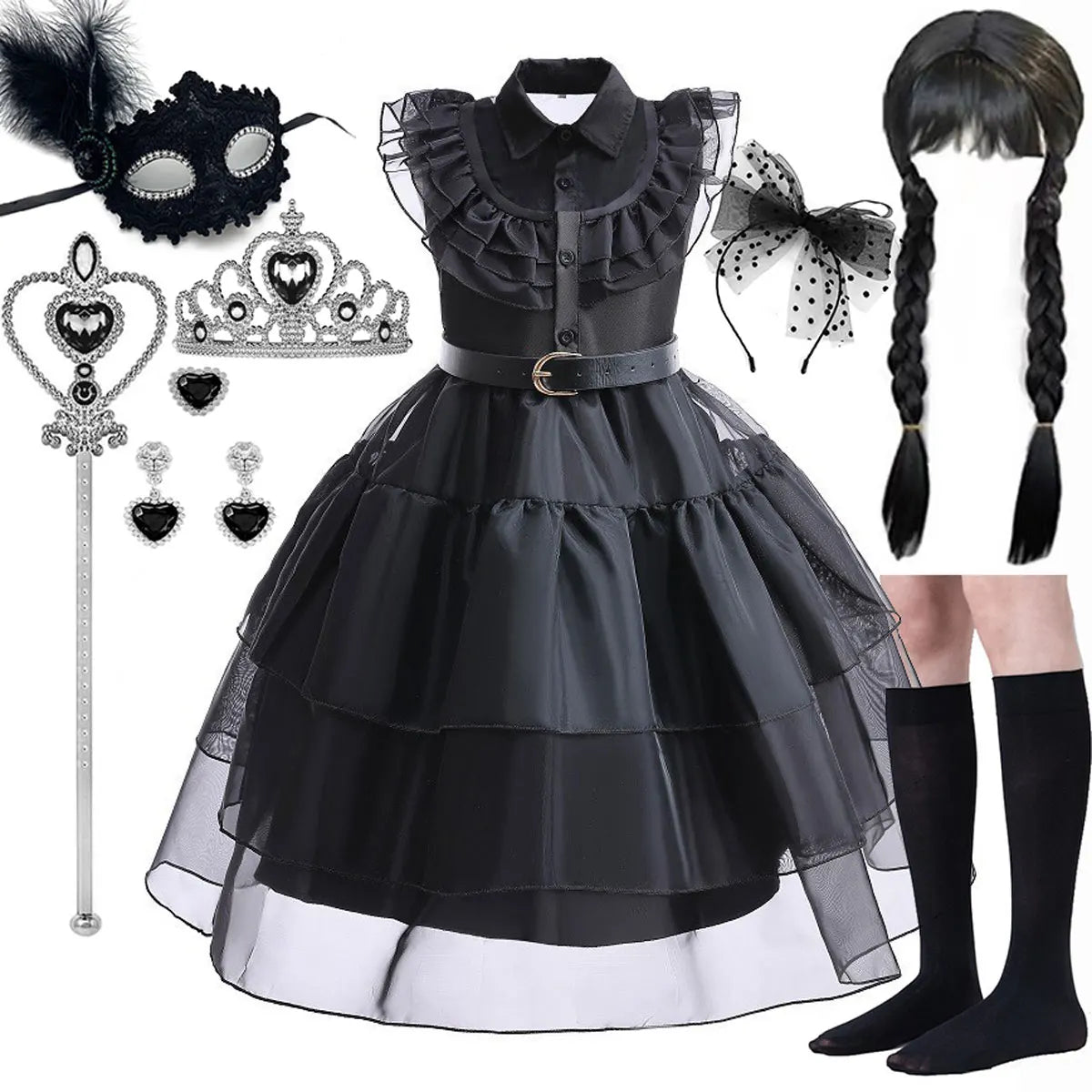 Black and gray dress with accessories on a white background