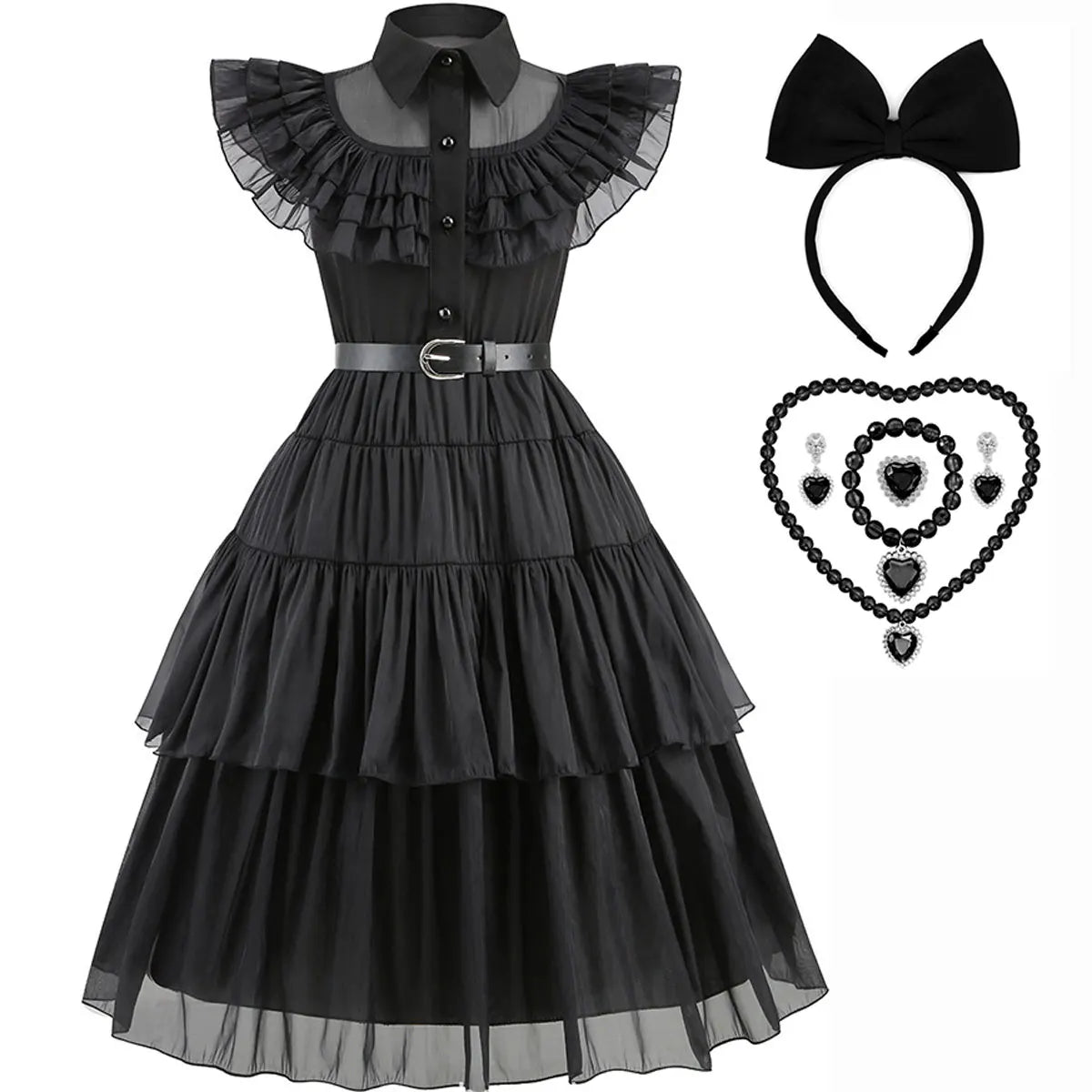 Black dress with ruffled collar, black headband with bow, and black jewelry set on a white background