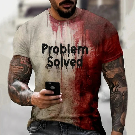 Person wearing a t-shirt with 'Problem Solved' text and red and beige design.