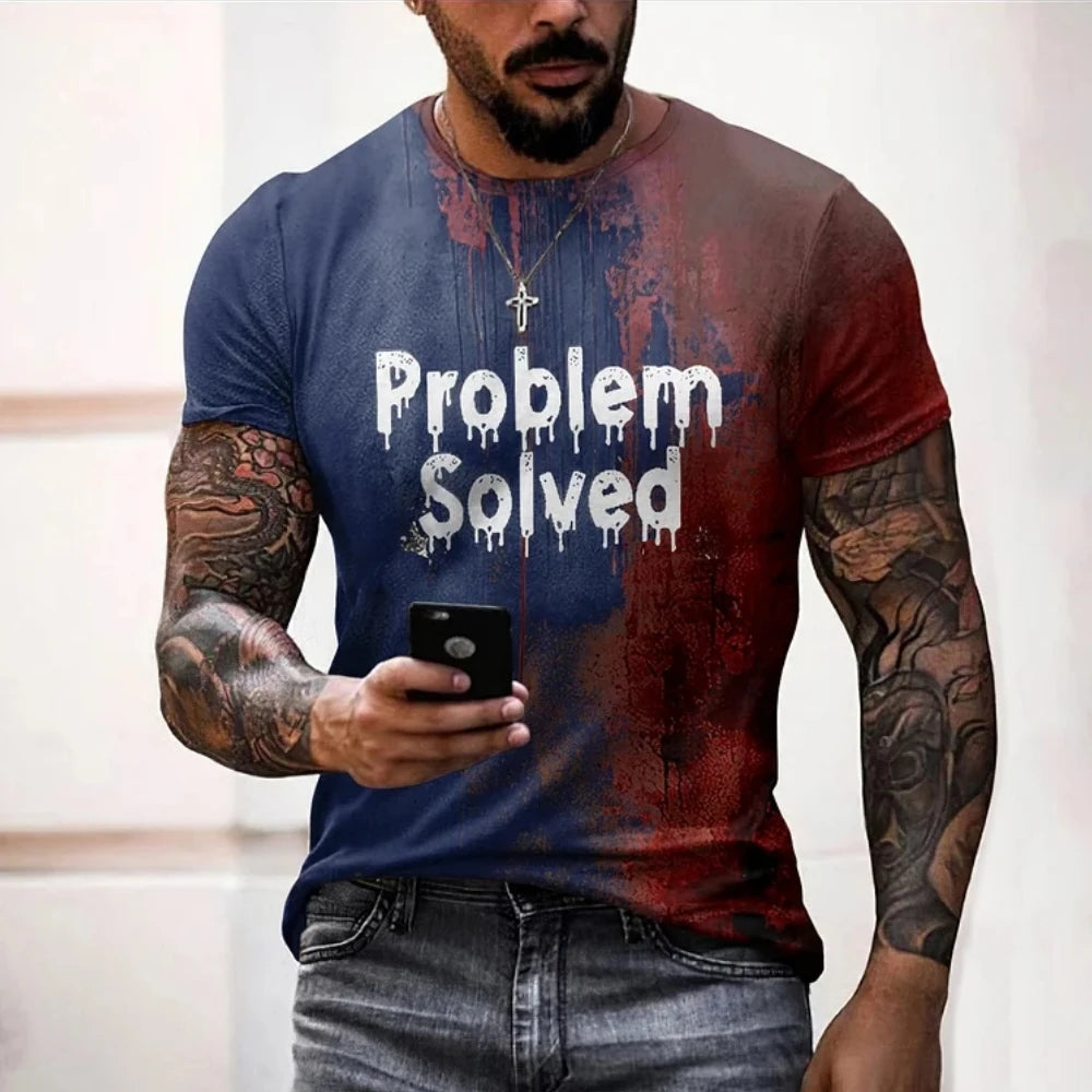 Man wearing a t-shirt with 'Problem Solved' text, holding a phone.