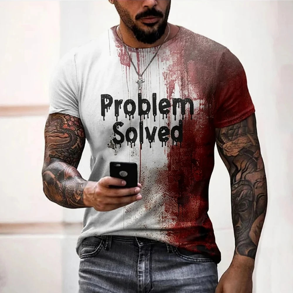 Man wearing a t-shirt with 'Problem Solved' text and red stains, holding a phone.