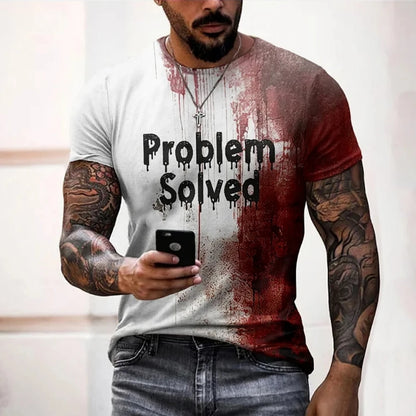 Man wearing a t-shirt with 'Problem Solved' text and red stains, holding a phone.