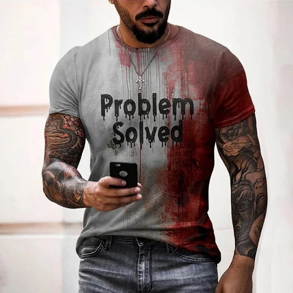 Man wearing a t-shirt with 'Problem Solved' text and red stains, holding a phone.