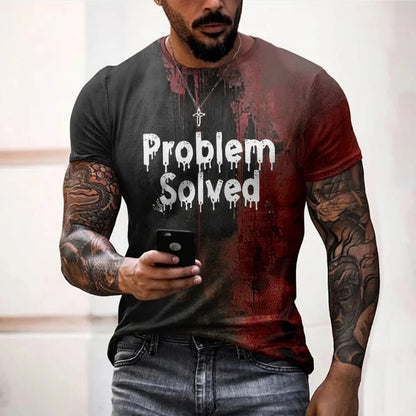 Man wearing a t-shirt with 'Problem Solved' text and tattoos holding a phone.