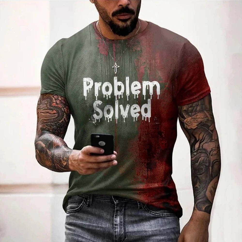 Man wearing a t-shirt with 'Problem Solved' text, holding a phone.
