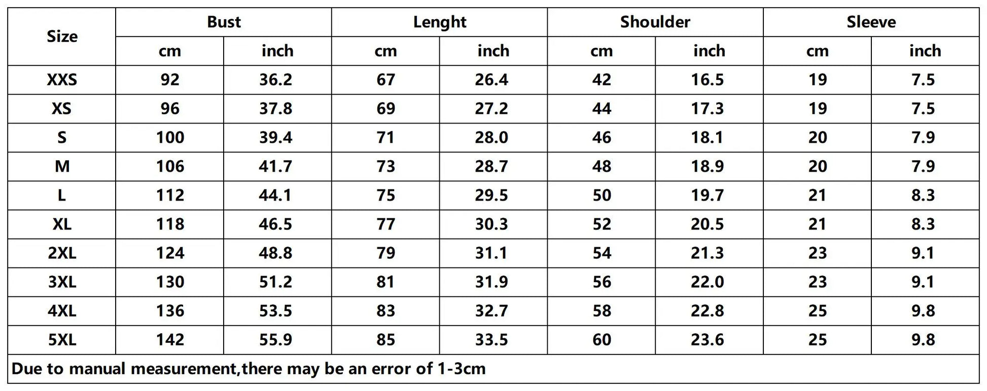 Measurement chart for clothing sizes with dimensions in centimeters and inches.