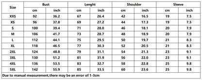 Measurement chart for clothing sizes with dimensions in centimeters and inches.