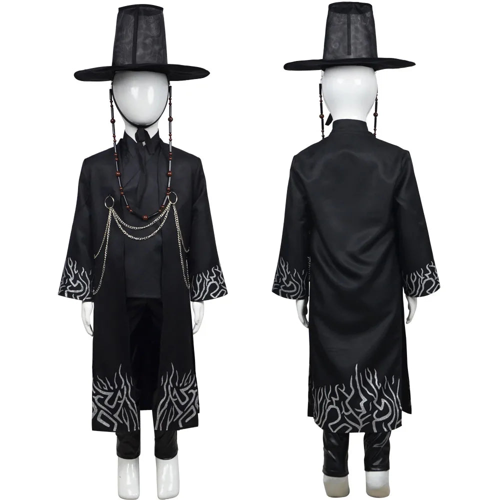 Black costume with intricate designs on a white background