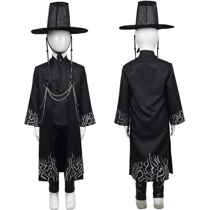 Black costume with intricate designs on a white background